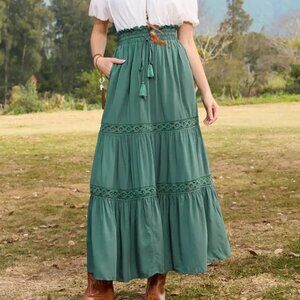 Scarlet Darkness Tiered Elastic Drawstring Waist Boho Retro Flared Maxi Skirt XL